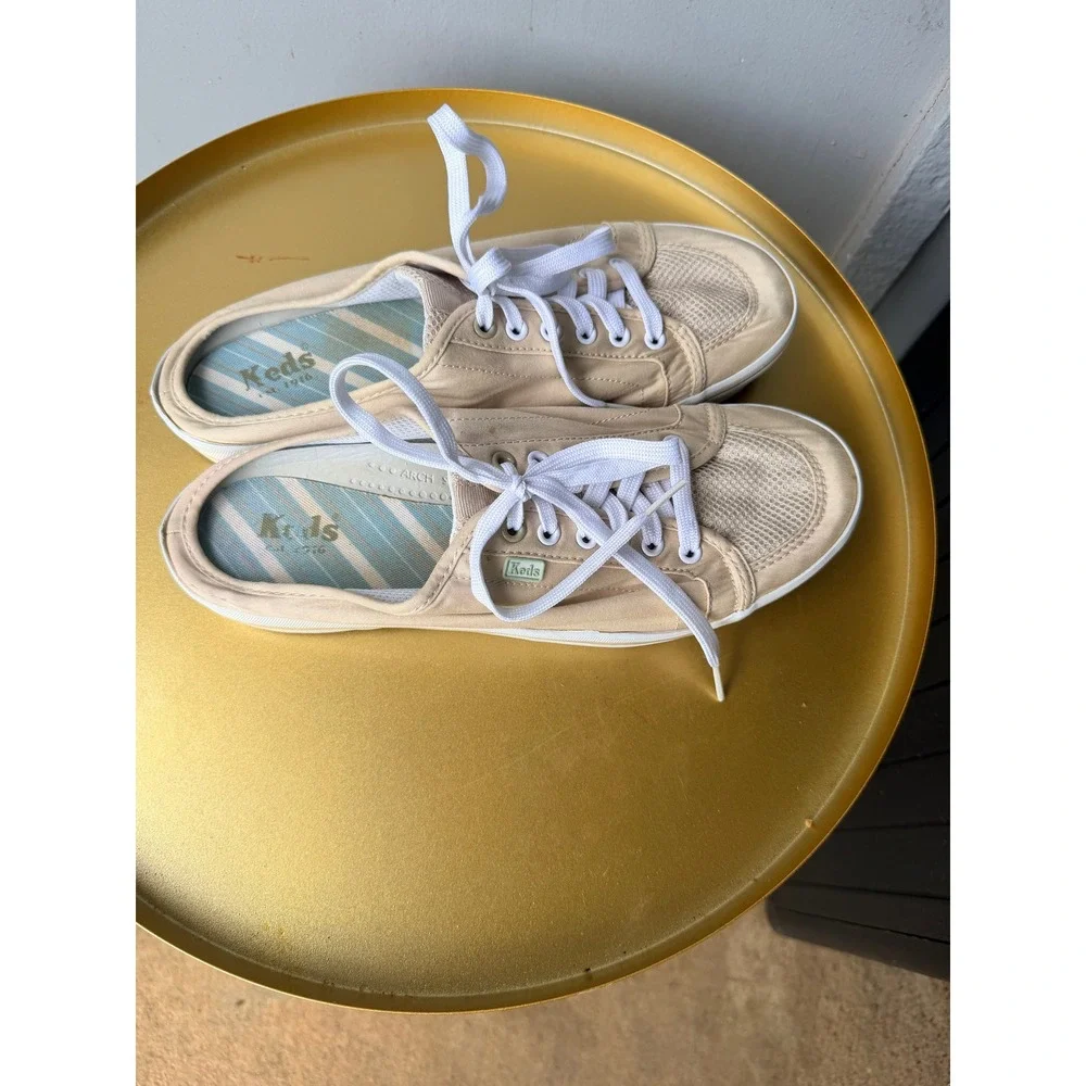 Keds Womens Tan Canvas Mesh Lace Up Mule Sneakers WF58121 Size 8.5